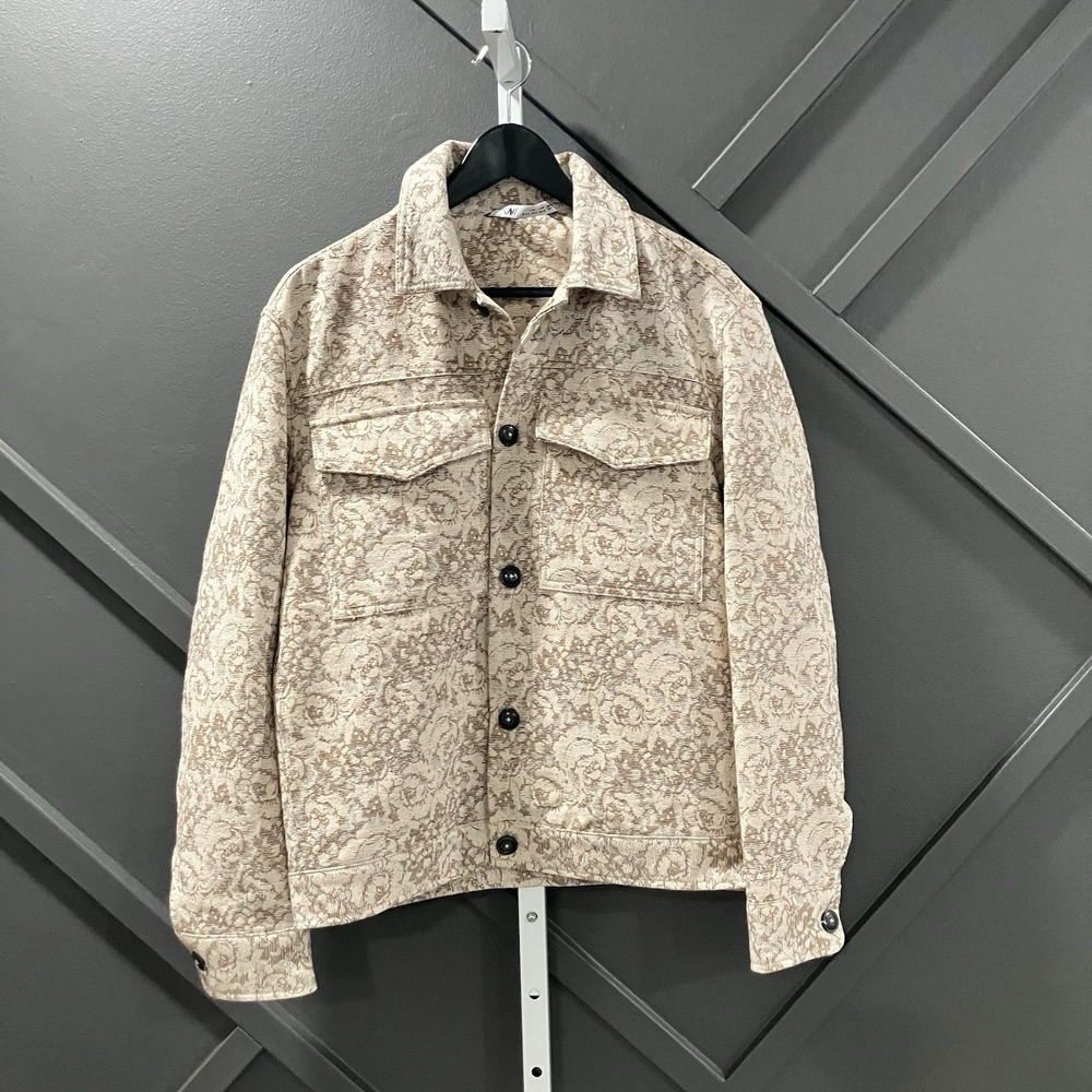 Zara S Beige Brown Jacquard Floral Trucker Jacket Overshirt Utility Shacket